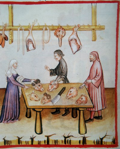 Butchering animal heads, Tacuinum Sanitatis, Codex Vindobonensis Series Nova 2644 by Italian School