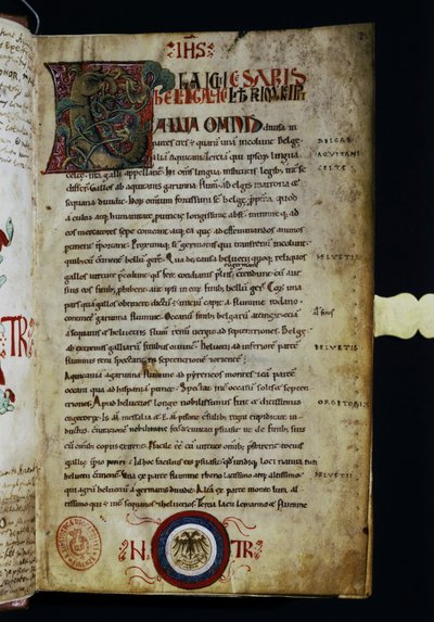 CAESAR Gaius Julius: A page of "Commentarii de Bello Gallico" by Italian School
