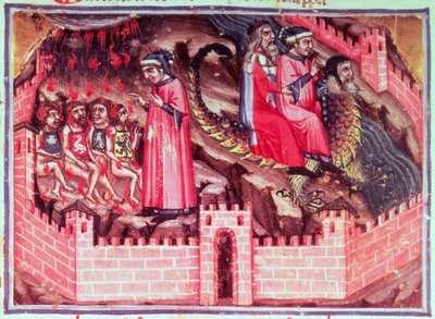 Canto XVII Four Sodomites: Dante and Virgil ride on the back of Geryon into the Circle of the Fraudulents, from the Divine Comedy (the Inferno) by Italian School