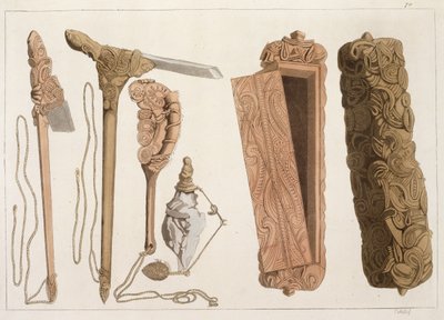 Carved and decorated Aboriginal tools, illustration from a collection of early 19th Century travel books by Italian School