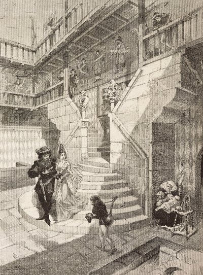 Castle Courtyard, Medieval Village in Turin, Italy, Engraving by Bonamore by Italian School