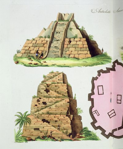Central American Antiquities, detail of two step pyramids, plate 47 from 