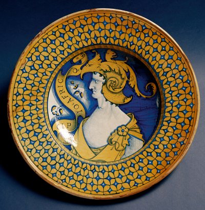 Ceramic plate decorated with the representation of Scipio Africanus (185-129 BC) produced in Deruta, Italy. Around 1520 by Italian School