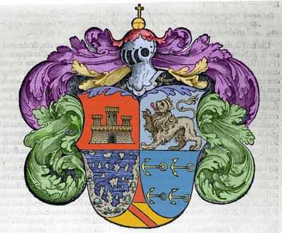 Coat of Arms of Navigator Christopher Columbus: Engraving from the Book Navigationi and Viaggi by Italian School