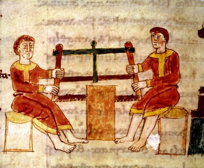 Two Men Sawing Wood, from De Universo by Rabanus Maurus by Italian School