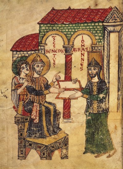 Abbot John Offering the Manuscript to St. Benedict, from the Commentary on the Monastic Rules of St. Benedict, written by Deacon Paul, Italian, 915 by Italian School