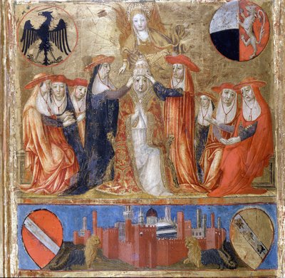 Coronation of Pius II (Enea Silvio Piccolomini). Italian Pope (1458 - 1464). Downstairs is the fortified city of Siena. Bicherna (cover of the accounting register of the city of Siena) from 1460. National Archive - Museo delle Tavolette de B by Italian School