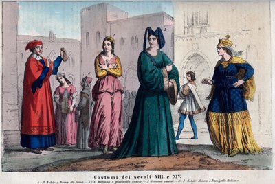 Costumes in Siena between the XIII and XIV century - engraving from Usi e Costumi di Tutti i Popoli dell