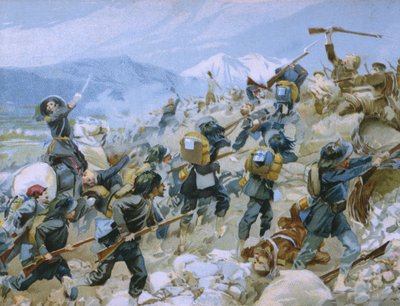 Crimean war and the battle of Chernaya, 16th August 1855, illustration from an album on the history of Risorgimento made for the chocolate Talmone by Italian School
