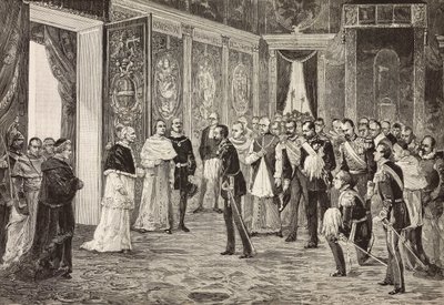 Crown prince of Germany (future Frederick III) being received by Pope Leo XIII in Throne room, Vatican, engraving from drawing by Ximenes from sketch by Dal Don by Italian School