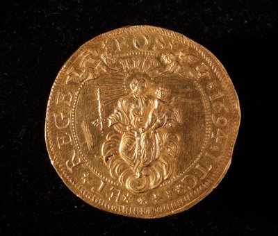 Currency of the Republic of Genoa: 25 gold doppie coin (1694) by Italian School