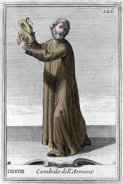 Cymbals of Armenian musical instrument with percussion. Engraving from “Gabinetto Armonico pieno d