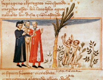 Dante and Virgil meet Forese de Donati with the gluttonous (song 23 from Purgatory, in the Divine Comedy) (miniature) by Italian School