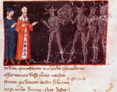 Dante and Virgil speak with Malacoda, leader of the Malebranche squadrons (song 21 from Hell, in the Divine Comedy) (miniature) by Italian School