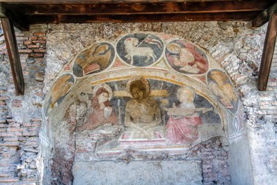 Deposition of Christ Between Virgin Mary, St John, with Evangelists Symbols and Agnus Dei on Arch by Italian School
