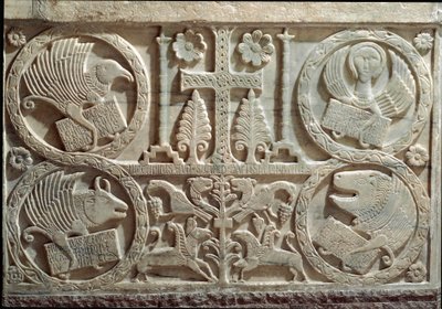 Detail of Stucco with Symbols of the Four Evangelists: the Angel for Saint Matthew, the Lion for Saint Mark, the Bull for Saint Luke, and the Eagle for Saint John. 730-740 Cividale, Battistero di San Callisto by Italian School