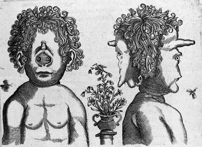 Different types of human monsters: face and face of monster head. Engraving from “De monstrorum natura, causis et differentiis” by Fortunio Liceti (1577-1656), Italian scientist. 1646 by Italian School