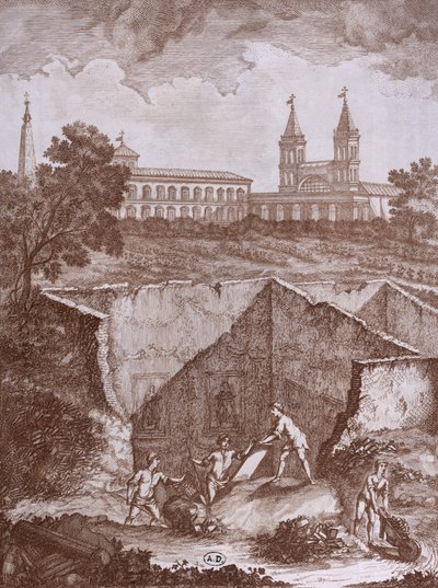 Discovery of a House and Frescoes in Rome in 1780, illustration from Peintures antiques retrouvees lors dune fouille en 1780, published in Rome 1783 by Italian School