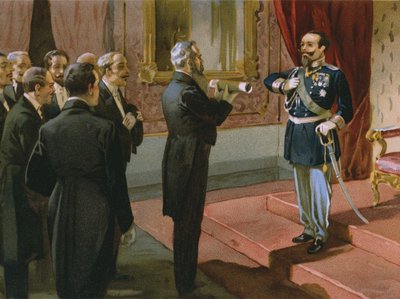 Duke of Sermoneta offering King Victor Emmanuel II the Rome plebiscite at Palazzo Pitti, Florence, 1870 by Italian School