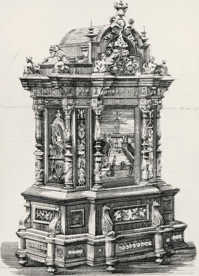 Ebony cabinet with inlays by cabinet maker Alessandro Monteneri of Perugia, illustration from Italian exhibition in 1881 in Milan, Italy by Italian School