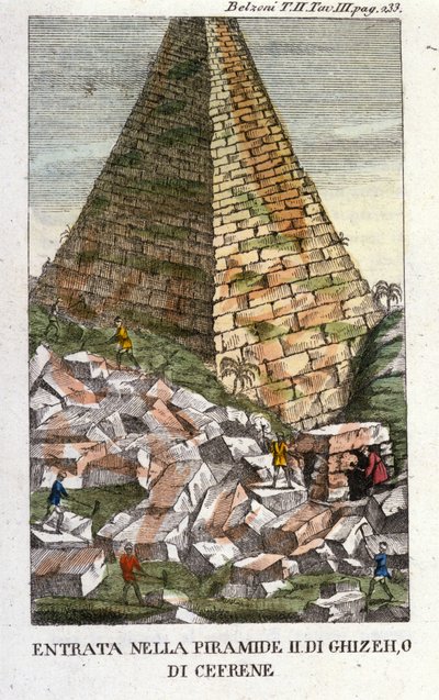 Entrance of Belzoni into the Pyramid of Giza or Chephren (Old Empire). Giovanni Battista (Gianbattista) Belzoni (1778-1823), Italian explorer and archeologist, made important archeological discoveries in Egypt. Engraving by Italian School