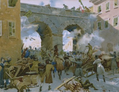 Events from 18th to 22nd March 1848, Milanese chasing out Austrians, illustration from an album on the history of Risorgimento made for the chocolate Talmone by Italian School