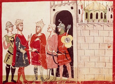 Federico II reaching an agreement with the Sultan of Jerusalem, miniature from the Chronicles of Giovanni Villani, manuscript, Italy 14th Century by Italian School