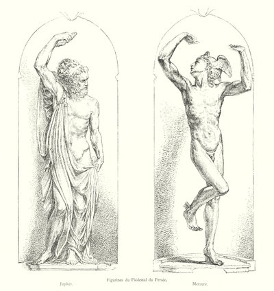 Figurines on the Pedestal of Perseus, Jupiter, Mercury (engraving) by Italian School