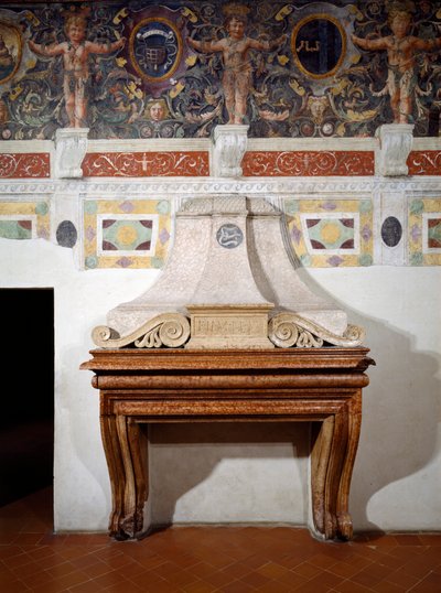 Fireplace bearing the initials F.II.M.M.V signifying Federigo Gonzaga II Marchese of Mantua, with a decorative frieze above incorporating various impresse from the Gonzaga coat of arms, 1528 by Italian School