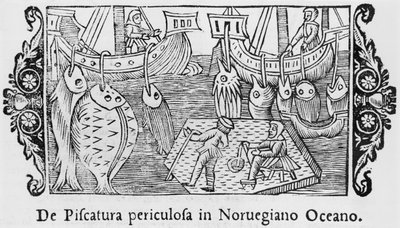 Fishing in the Norwegian Ocean (illustration from Historia de Gentibus Septentrionalibus by Olaus Magnus, published in Rome, 1555) by Italian School