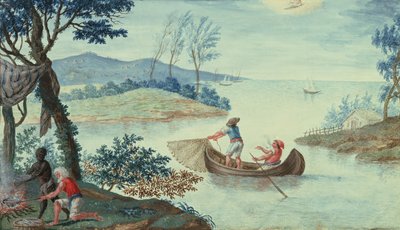 Fishing scene depicting the month of July, one of a series of twelve by Italian School