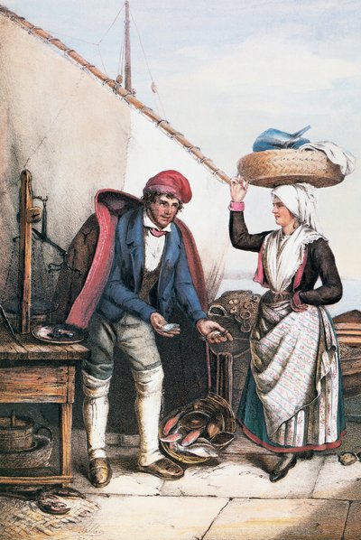 Fishmonger and peasant (illustration from Costumes of Istria) by Italian School