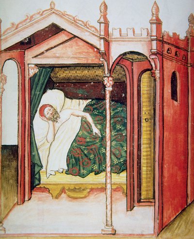 The Insomniac, illustration from Tacuinum Sanitatis Codex Vindobonensis by Italian School