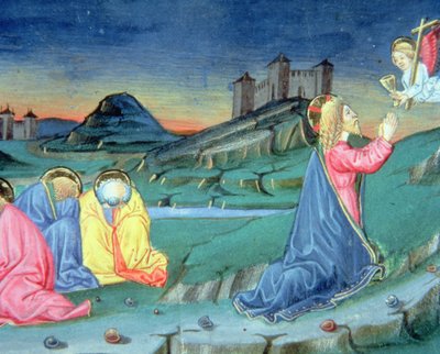 Having prayed on the Mount of Olives an angel arrives to comfort Christ by Italian School