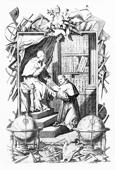 Frontispiece for Biblioteca Universale Sacro-Profana, Vol. 1 by Vincenzo Coronelli, print made by Alessandro dalla Via, published 1701 by Italian School