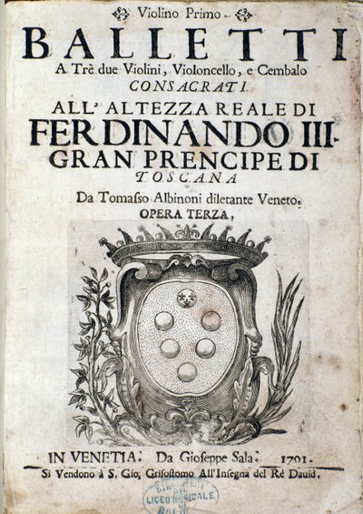 Frontispiece of musical score of Balletti a tre, opera III by Tomaso Albinoni (1671-1750) by Italian School