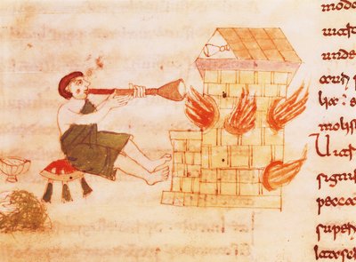 Glassblowers, miniature from "De universo" by Rabano Mauro, manuscript, Italy 11th Century by Italian School