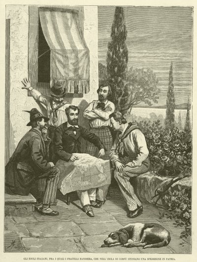 The Italian Exiles, Including the Bandiera Brothers, Studying an Expedition to Their Homeland on the Island of Corfu (engraving) by Italian School
