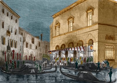 Gondoliers waiting for spectators outside the Teatro La Fenice, Venice, Italy, from Le Monde Illustre No. 564, 1868 by Italian School
