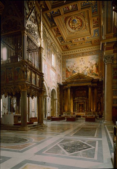 Gothic art: view of the papal altar above the Tabernacle made by Giovanni di Stefano around 1367 adorns twelve panels decorated with frescoes by Barna da Siena. 1367-1368. Basilica of St. John of Laterano by Italian School