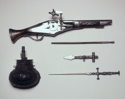 Group of Weapons: Wheellock Pistol, Winding Key, Powder Flask and Stiletto by Italian School