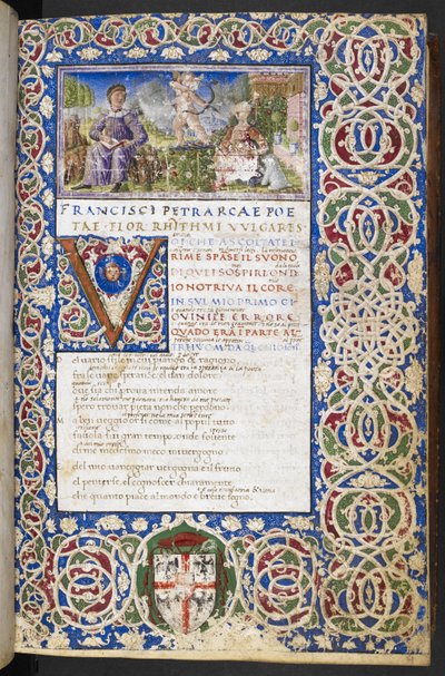 Miniature of Petrarch and Laura, with Love aiming his arrow at Laura, from 
