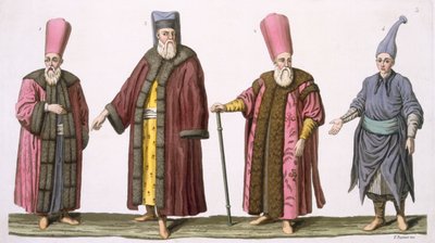 Head Usher of the Harem, Captain of the Harem Ushers, Harem Usher and Pageboy, plate 3 from Part III, Volume I of The History of the Nations, engraved by V. Raineri by Italian School