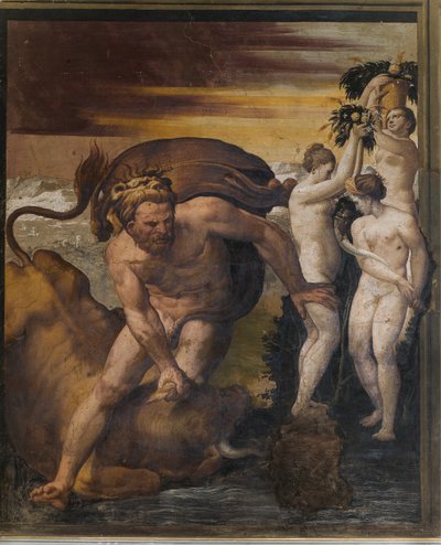 Hercules killing the Cretan bull, from the Yellow Room, Rocca Meli Lupi, Soragna, Parma by Italian School