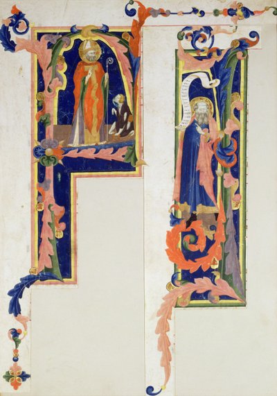 Historiated initial F depicting a bishop saint blessing a young cripple and I depicting a prophet, Florentine School by Italian School