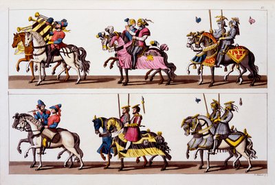 Holy Roman Empire: Participants in a tournament at the Castle of Luxembourg in the time of Maximilian I, from Costumi dei Romani, Svizzeri.. c.1800-18 by Italian School