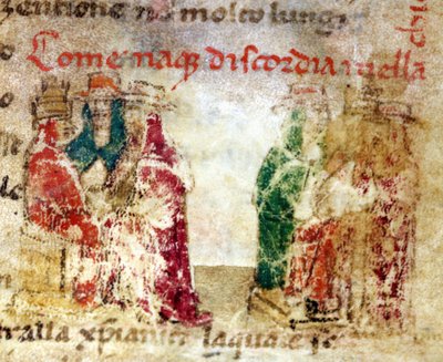 How discord was born in the Church of Rome (Schism) between 1378 and 1417: manuscript of the 14th century. in “Croniche del Sercambi”. National Archive, Lucca. by Italian School