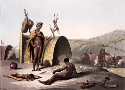 Huts and way of camp life of the Bushmen, from Costumi dei... by Giulio Ferrario, c.1820s-30s by Italian School