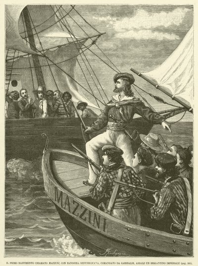 The First Ship Called Mazzini, With a Republican Flag, Commanded by Garibaldi, Attacks an Imperial Brigantine (engraving) by Italian School