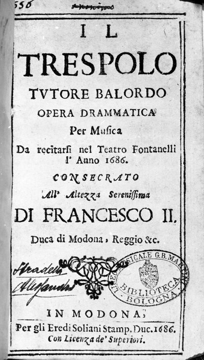 Il Trespolo Tutore Balordo Score for the Opera by Alessandro Stradella (1644 - 1682) Italian Composer. Modena 1688 by Italian School